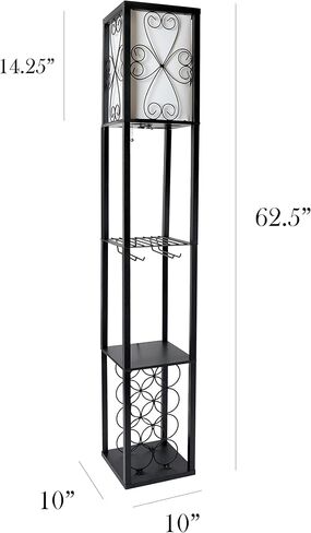 Simple Designs LF1015-BLK Three Shelf Etagere Organizer Storage and Wine Rack Floor Lamp with White Linen Shade, Black in Saudi Arabia