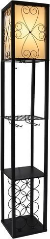 Simple Designs LF1015-BLK Three Shelf Etagere Organizer Storage and Wine Rack Floor Lamp with White Linen Shade, Black in Saudi Arabia