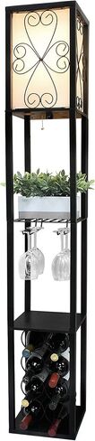 Simple Designs LF1015-BLK Three Shelf Etagere Organizer Storage and Wine Rack Floor Lamp with White Linen Shade, Black in Saudi Arabia