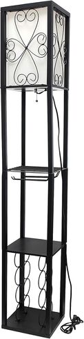 Simple Designs LF1015-BLK Three Shelf Etagere Organizer Storage and Wine Rack Floor Lamp with White Linen Shade, Black in Saudi Arabia