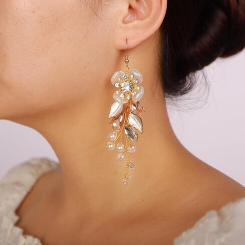 زهرة يترك اللؤلؤ حجر الراين الأقراط المتدلية مطلية بالذهب تتدلى الأقراط اللؤلؤ وحجر الراين انخفاض الأقراط للحزب ارتداء بيان الأقراط للنساء الفتيات in Kuwait