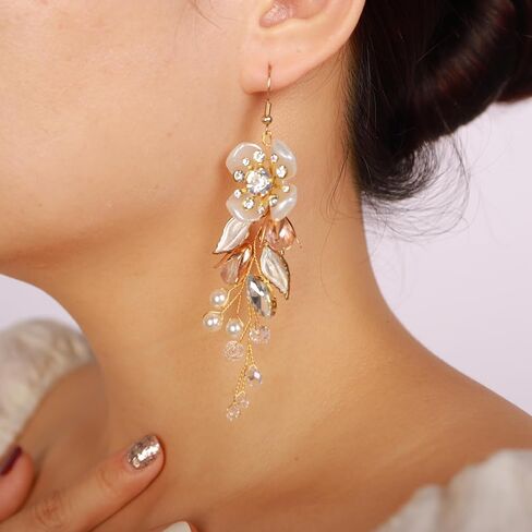 زهرة يترك اللؤلؤ حجر الراين الأقراط المتدلية مطلية بالذهب تتدلى الأقراط اللؤلؤ وحجر الراين انخفاض الأقراط للحزب ارتداء بيان الأقراط للنساء الفتيات in Kuwait