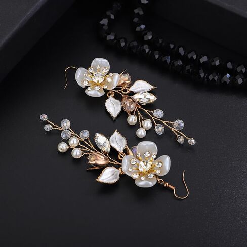 زهرة يترك اللؤلؤ حجر الراين الأقراط المتدلية مطلية بالذهب تتدلى الأقراط اللؤلؤ وحجر الراين انخفاض الأقراط للحزب ارتداء بيان الأقراط للنساء الفتيات in Kuwait