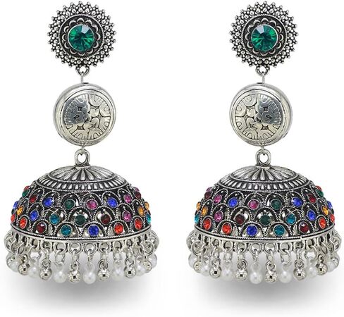 الفضة شرابة الخرز Jhumka Jhumki قطرة استرخى أقراط للنساء الفتيات خمر العتيقة بوهو الثريا جرس بيان كريستال أقراط الهندي العرقية نمط حفل زفاف المجوهرات التقليدية in Kuwait