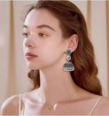 الفضة شرابة الخرز Jhumka Jhumki قطرة استرخى أقراط للنساء الفتيات خمر العتيقة بوهو الثريا جرس بيان كريستال أقراط الهندي العرقية نمط حفل زفاف المجوهرات التقليدية in Kuwait