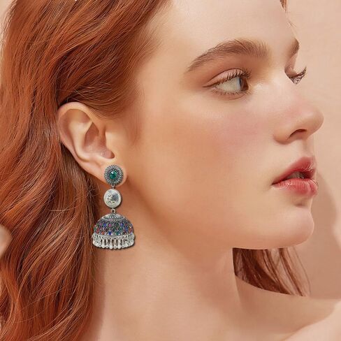 الفضة شرابة الخرز Jhumka Jhumki قطرة استرخى أقراط للنساء الفتيات خمر العتيقة بوهو الثريا جرس بيان كريستال أقراط الهندي العرقية نمط حفل زفاف المجوهرات التقليدية in Kuwait