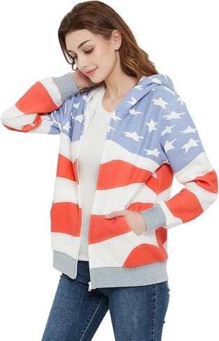 سترة Anna-Kaci النسائية العصرية الأمريكية الوطنية بعلم الولايات المتحدة الأمريكية بسحاب لأعلى وضلع بقلنسوة، سحاب، مقاس X-Large in Kuwait