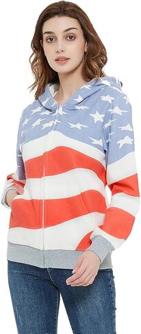 سترة Anna-Kaci النسائية العصرية الأمريكية الوطنية بعلم الولايات المتحدة الأمريكية بسحاب لأعلى وضلع بقلنسوة، سحاب، مقاس X-Large in Kuwait