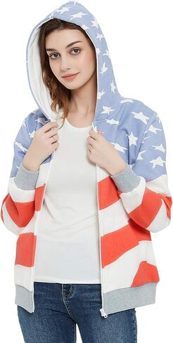 سترة Anna-Kaci النسائية العصرية الأمريكية الوطنية بعلم الولايات المتحدة الأمريكية بسحاب لأعلى وضلع بقلنسوة، سحاب، مقاس X-Large in Kuwait