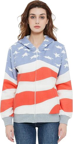 سترة Anna-Kaci النسائية العصرية الأمريكية الوطنية بعلم الولايات المتحدة الأمريكية بسحاب لأعلى وضلع بقلنسوة، سحاب، مقاس X-Large in Kuwait