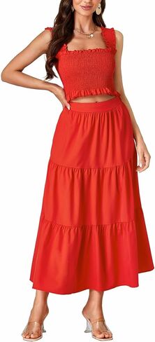 LYANER Women's 2 Piece Outfits Sleeveless Crop Top and High Waist Midi Skirt Set With Pockets in Saudi Arabia