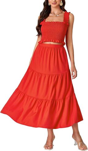 LYANER Women's 2 Piece Outfits Sleeveless Crop Top and High Waist Midi Skirt Set With Pockets in Saudi Arabia