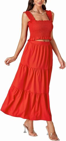 LYANER Women's 2 Piece Outfits Sleeveless Crop Top and High Waist Midi Skirt Set With Pockets in Saudi Arabia