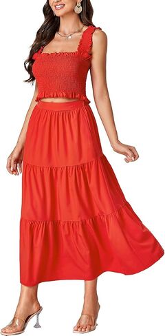 LYANER Women's 2 Piece Outfits Sleeveless Crop Top and High Waist Midi Skirt Set With Pockets in Saudi Arabia