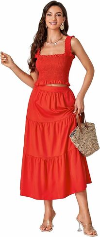 LYANER Women's 2 Piece Outfits Sleeveless Crop Top and High Waist Midi Skirt Set With Pockets in Saudi Arabia