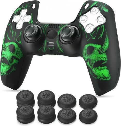 غلاف سيليكون منحوت بالليزر لوحدة تحكم PS5 × 1 (جماجم خضراء) مع مقابض إبهام حصرية × 8 in Kuwait