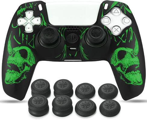 غلاف سيليكون منحوت بالليزر لوحدة تحكم PS5 × 1 (جماجم خضراء) مع مقابض إبهام حصرية × 8 in Kuwait