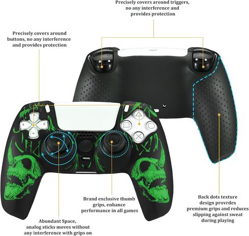 غلاف سيليكون منحوت بالليزر لوحدة تحكم PS5 × 1 (جماجم خضراء) مع مقابض إبهام حصرية × 8 in Kuwait
