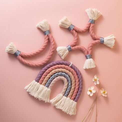 Blissom Macrame Wall Hanging Set of 3, Handmade Rainbow Moon Star Boho Wall Décor, Pink Purple Neutral Color Wall Art for Nursery Room, Living Room and Bed Room (9x9x0.6inch) in Saudi Arabia