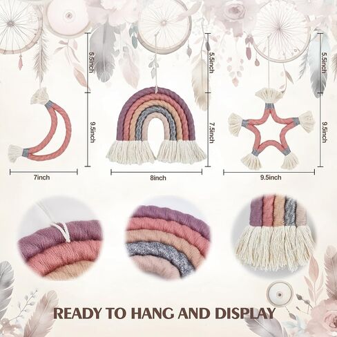 Blissom Macrame Wall Hanging Set of 3, Handmade Rainbow Moon Star Boho Wall Décor, Pink Purple Neutral Color Wall Art for Nursery Room, Living Room and Bed Room (9x9x0.6inch) in Saudi Arabia