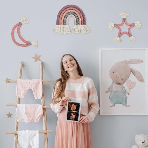 Blissom Macrame Wall Hanging Set of 3, Handmade Rainbow Moon Star Boho Wall Décor, Pink Purple Neutral Color Wall Art for Nursery Room, Living Room and Bed Room (9x9x0.6inch) in Saudi Arabia