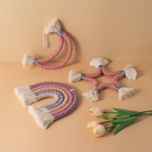 Blissom Macrame Wall Hanging Set of 3, Handmade Rainbow Moon Star Boho Wall Décor, Pink Purple Neutral Color Wall Art for Nursery Room, Living Room and Bed Room (9x9x0.6inch) in Saudi Arabia