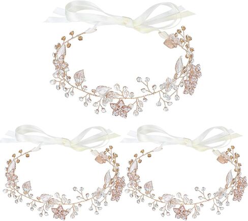 3 Pcs Wedding Flower Girl Headpiece Flower Girl Hair Accessory Flower Crown Princess Headband Alloy Floral Girls Tiara Rhinestone Pearl Headband for Baby Toddler Communion Prom Photography (Rose Gold) in Saudi Arabia