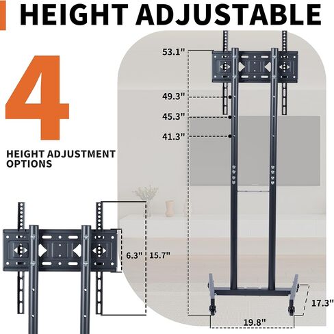 حامل تلفزيون متنقل، عربة تلفزيون متدحرجة، ارتفاع قابل للتعديل، حامل أرضي مع حامل للعربة المحمولة شديدة التحمل، حامل أرضي على عجلات لشاشات تلفزيون منحنية مسطحة مقاس 32-55 بوصة للمنزل والمكتب التجاري in Kuwait