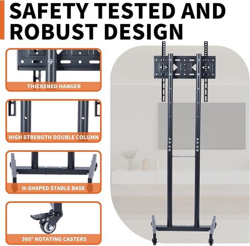 حامل تلفزيون متنقل، عربة تلفزيون متدحرجة، ارتفاع قابل للتعديل، حامل أرضي مع حامل للعربة المحمولة شديدة التحمل، حامل أرضي على عجلات لشاشات تلفزيون منحنية مسطحة مقاس 32-55 بوصة للمنزل والمكتب التجاري in Kuwait