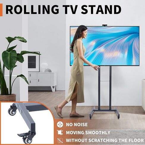 حامل تلفزيون متنقل، عربة تلفزيون متدحرجة، ارتفاع قابل للتعديل، حامل أرضي مع حامل للعربة المحمولة شديدة التحمل، حامل أرضي على عجلات لشاشات تلفزيون منحنية مسطحة مقاس 32-55 بوصة للمنزل والمكتب التجاري in Kuwait