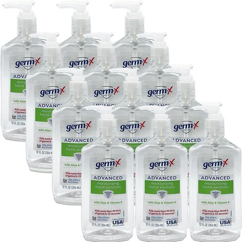 مطهر اليدين Germ-X، ترطيب متطور بالصبار وفيتامين E، خالٍ من الصبغة، جل مطهر لليدين مع مضخة، مطهرات لليدين للمدرسة والفصول الدراسية والمكتب والمنزل، 12 أونصة (عبوة من 12) in Kuwait