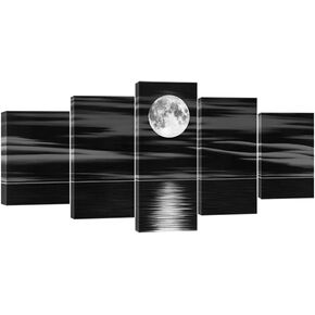 Wieco Art Sea White Full Moon in Night Canvas Print Wall Art Black and White Ocean Beach for Living Room Bedroom Kitchen Home Decorations 5 Piece Modern Abstract Artwork