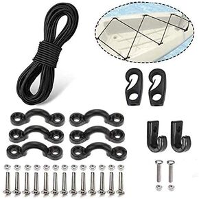 Premium Kayak Bungee Cord Deck Rigging Kit 8 Feet Black with Screws and 2 J-Hooks, Boat Canoe Accessory Outfitting Fishing Storage Bungee Kit Tie Down Pad Eye with Screw and Lashing Hook