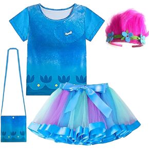 Trolls Dresses Poppy Costumes Rainbow Tutu Dress For Halloween Dress Up With Wigs Outfits Birthday for 4-8T
