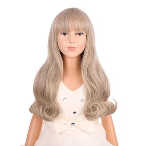 Long Wavy Ash Blonde Wig for Kids Child Mxied Blonde Wig with Bangs Girls Synthetic Wig with Wig Cap
