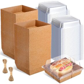 Zubebe 200 Pack Paper Charcuterie Boxes with Clear Lids, Square Disposable Clear Treat Boxes Take out Food Containers and Twine for Sandwich, Slice Cake, Cookie, Donut (Brown)