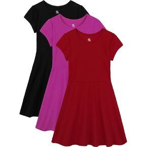 3 Pack Girls Skater Dress Cotton Casual Twirly Dresses Toddler Short Sleeve Summer Dress for Kids 2-12Y