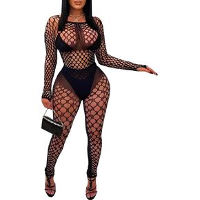 ZileZile Sexy Women's Sheer See Through Hollow Out One Piece Bodycon Cut Out Mesh Jumpsuit
