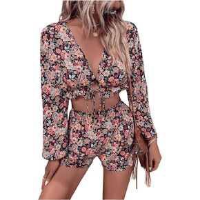 Verdusa Women's 2 Piece Outfits Floral Print Tie Front Long Sleeve Blouse and Shorts Sets