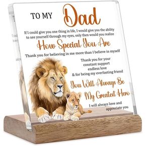 Dad Birthday Gifts from Daughter, Son - Father's Day Lion Decorations, Valentine's Day, Christmas Gift for Dad - Fathers Day Card, Bonus Dad, Step Dad, Best Dad Ever, To My Dad Plaque with Wood Stand