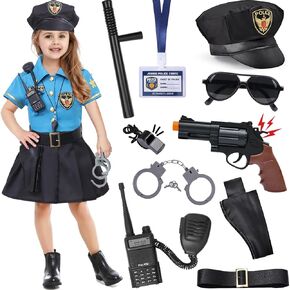 Girls Police Officer Costume for Kids Halloween Police Dress up Role Play Cop Costume with Toy Accessories