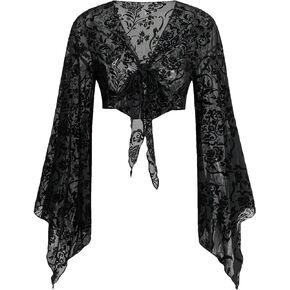 SHENHE Women's Floral Print V Neck Tie Front Long Bell Sleeve Sheer Crop Top Blouse