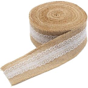CCINEE 5.4 Yards Natural Jute Burlap Ribbon Roll with White Lace Trims Tape for DIY Crafts Wedding Decoration