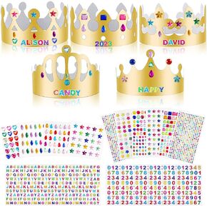 ZYNERY 25 PCS Paper Crown Golden Party Hats with 2208 Pieces Gem Stickers Jewels Stickers Rhinestone Numbers Crafts, Crown Party Making Kit and Crystal Stickers Self for Kids Adults