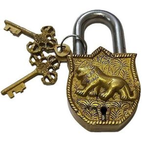 Brass Padlock Door Lock Tiger Engraved Design Fully Functional Brass Lock with 2 Keys (Antique)