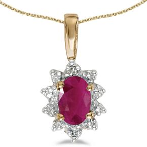 10k Yellow Gold Oval Ruby And Diamond Pendant with 18" Chain