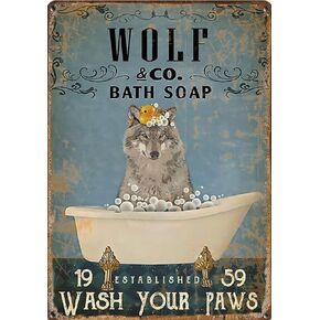 Graman Wolf and Bath Soap, Wash Your Paws tin Sign, Love Wolf tin Sign, Wolf Lovers, Bathroom Decor Vertical tin Sign d,Coffee bar, Living Room, Farmhouse, tin Sign Wall Decoration 8x12 inches