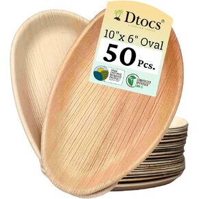 Palm Leaf Plates (Pack 50) Large 10" x 6" Oval Plates | Disposable Bamboo Plate Like Compostable Plates For Wedding, Party Dinner | BBQ Platter Tray Alternate to Paper Plates, Plastic Plates