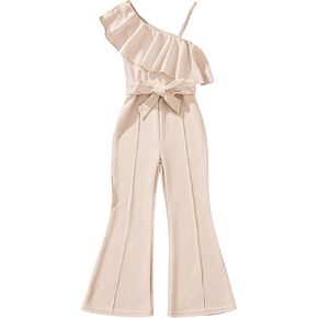 WDIRARA Girl's Ruffle Trim Asymmetrical Neck Sleeveless Belted Flare Leg Romper Cute Long Jumpsuit