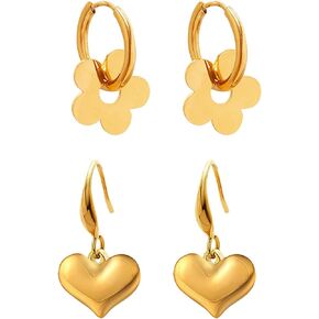 2 Pairs Gold Stainless Steel Drop Dangle Earrings Fish Hook Heart Earrings Flower Hoop Earrings for Women Teen Girls Piercing Ear Jewelry Gift for Holiday Anniversary